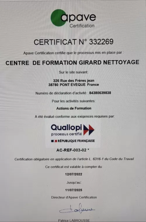certification de notre centre de formation QUALIOPI, Pont-Évêque, Société de nettoyage Girard André